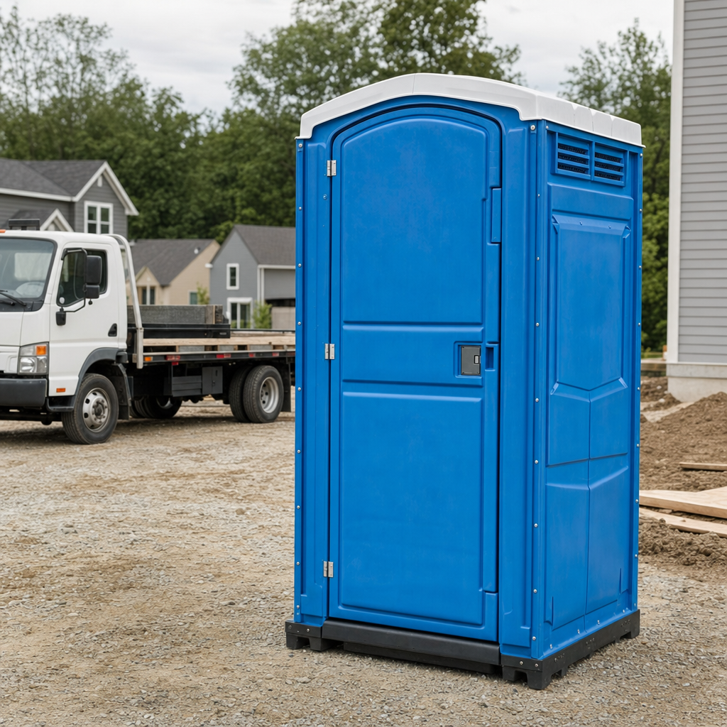 Delivery driver positioning a clean royal-blue portable toilet on level ground at a North Bergen worksite
