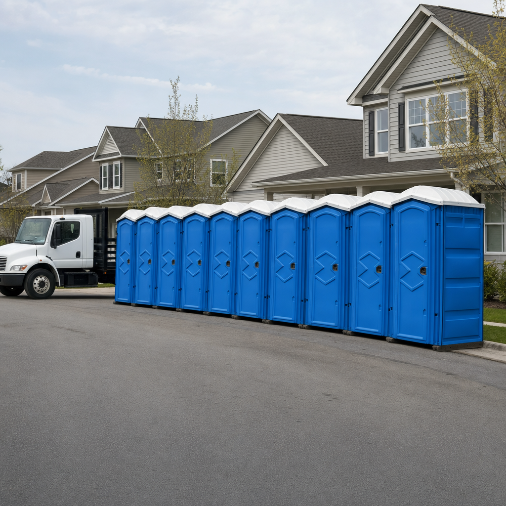 Royal blue portable toilets staged in a tidy row at a North Bergen jobsite, ready for delivery